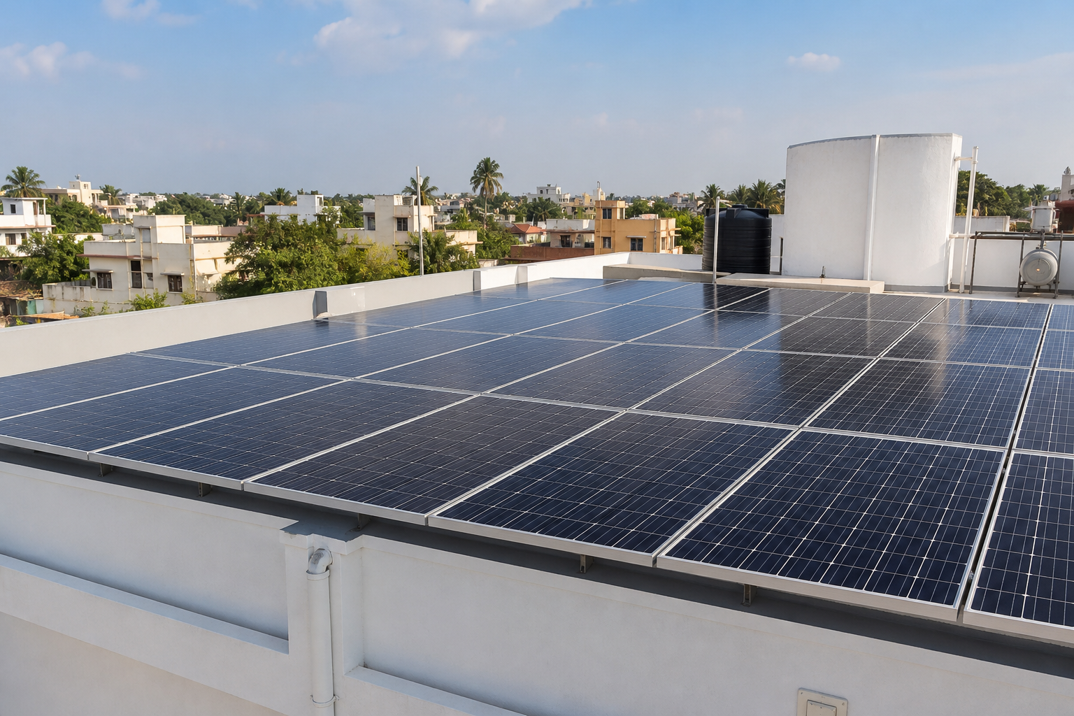 Rooftop solar panels on a house terrace in India